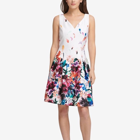 Dkny Dresses & Skirts - DKNY White Multicolor V-Neck Sleeveless Floral-Print Fit & Flare Cocktail Dress